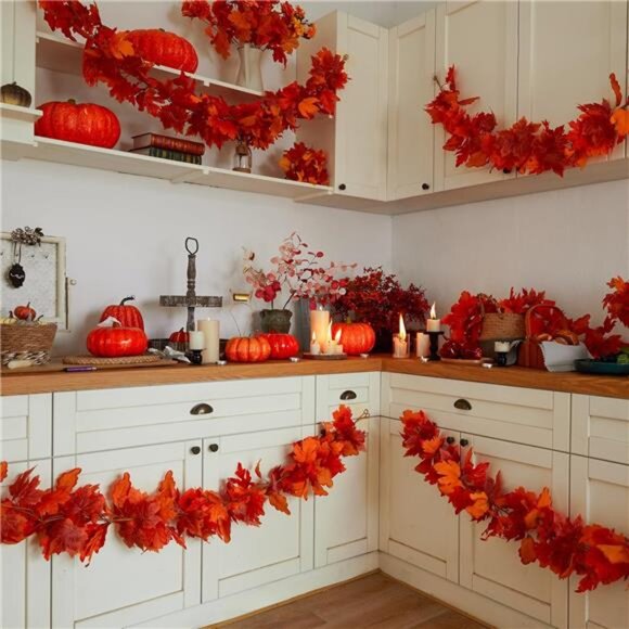 6PCS Orange Leaf Garland, 5.6Ft Halloween Garland Artificial Maple Leaf Autumn - Picture 6 of 8